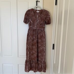 Coco Shop Brown Botanical V-Neck Midi Dress with Puff Sleeves